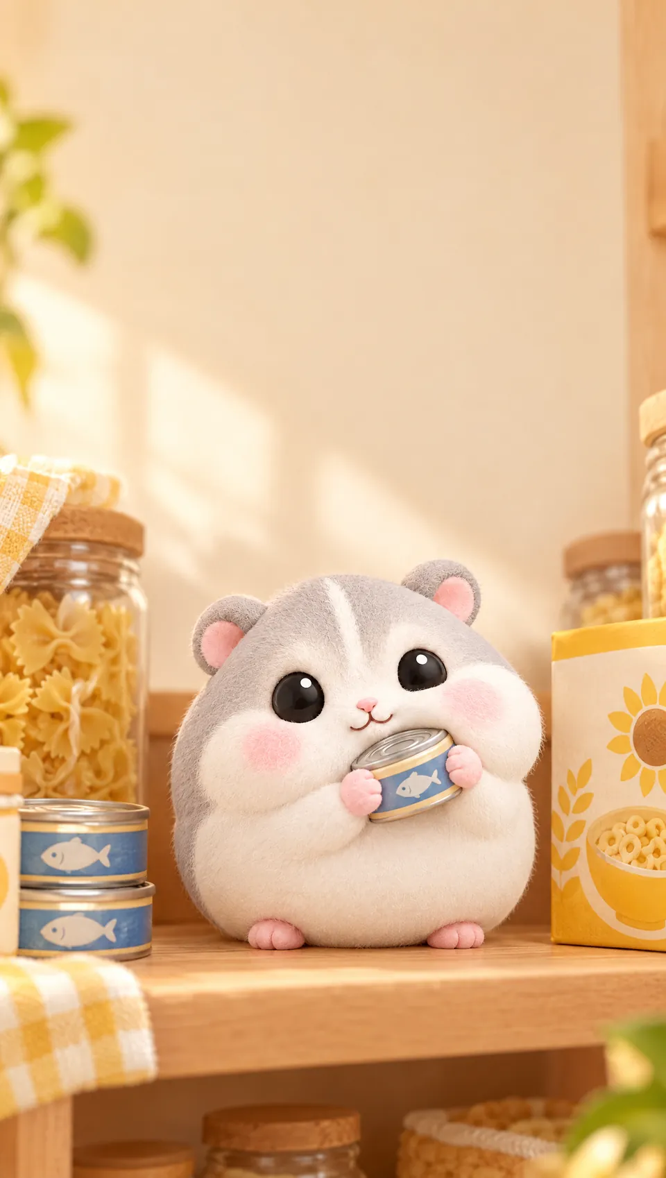 Mochi on a sunny pantry shelf, hugging a tin of fish