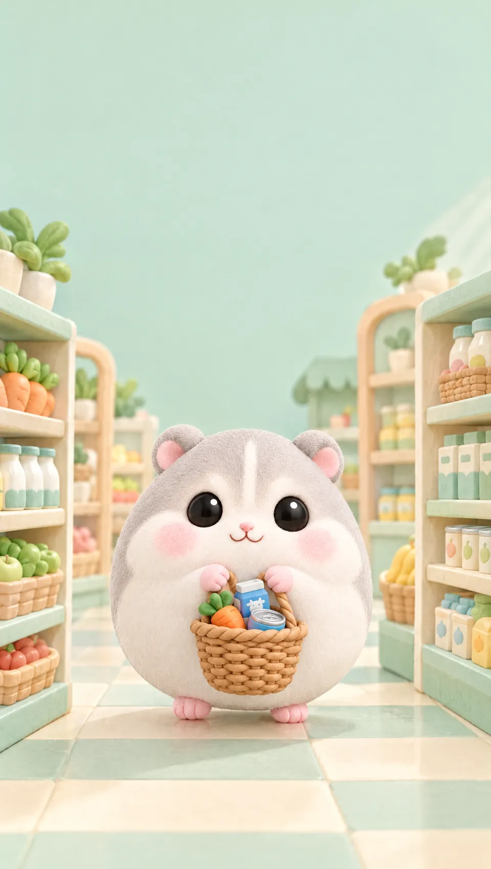 Mochi in a mint-green grocery aisle, carrying a basket of carrots and milk