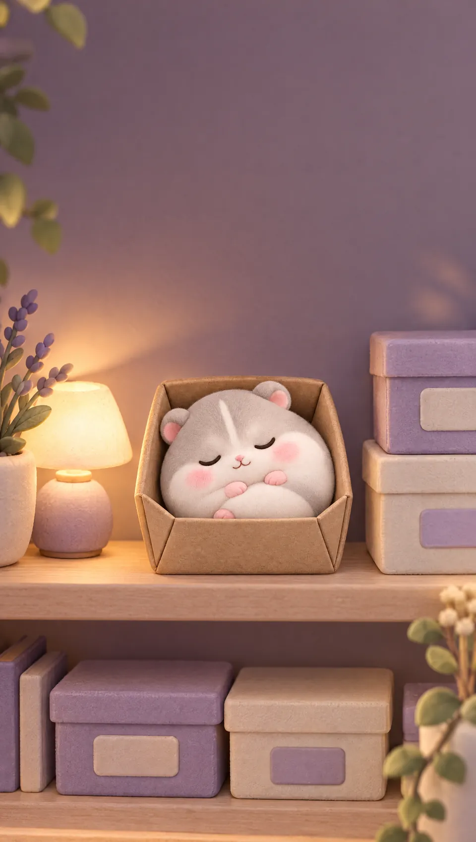 Mochi asleep in a cardboard box on a lavender shelf, lit by a small lamp